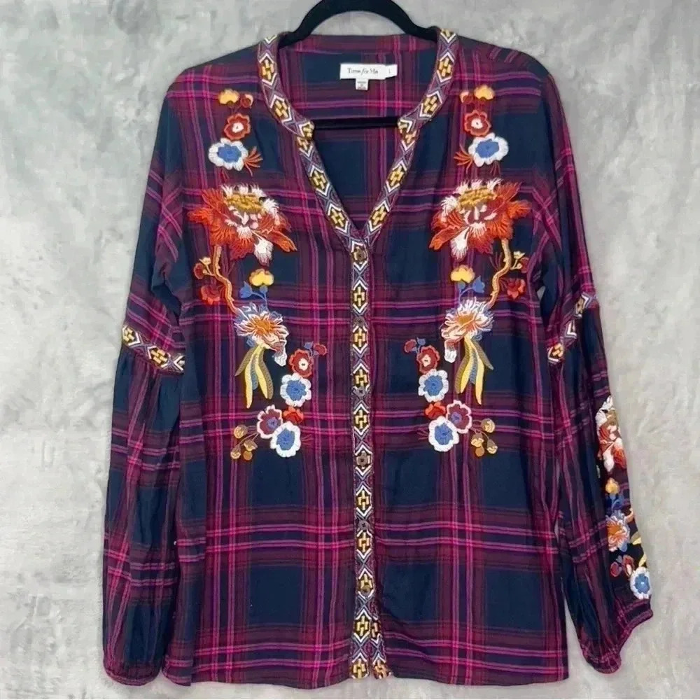 Time For Me Plaid Floral Embroidered  Balloon Sleeves Button Down Shirt Blouse L